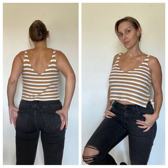 Forever 21 Crop Top Ribbed Stripe V Neck Mustard Periwinkle - Picture 3 of 10